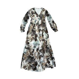 Floral Print Long Sleeve Maxi Dress With V-Neckline & Elastic Waist Sheer Chiffo